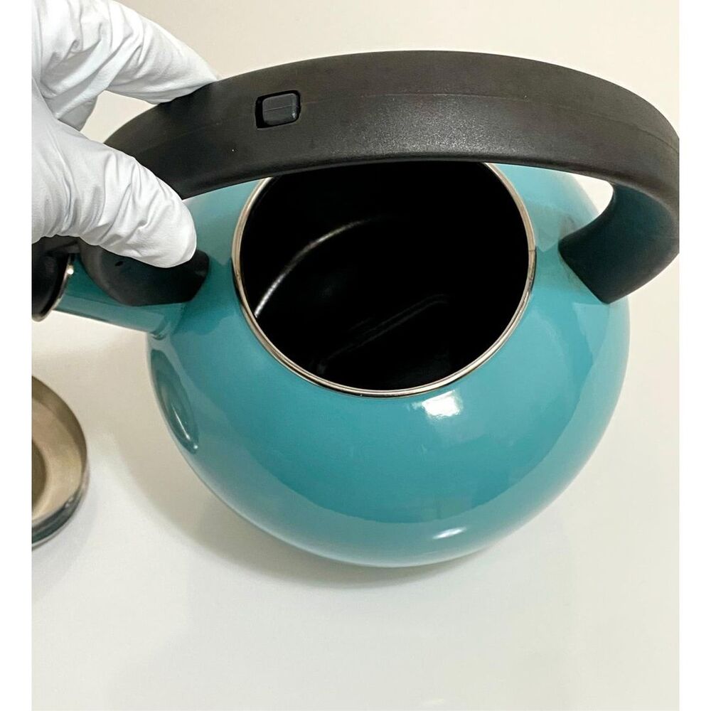 Enamel-on-Steel Whistling Tea Kettle 2.3 Quart Anti-Hot Folding Handle Turquoise - Picture 7 of 8